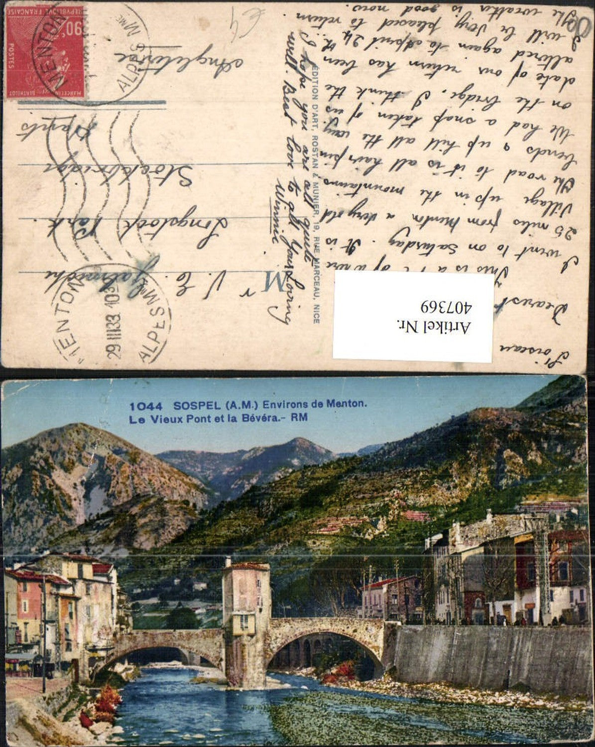 407369,Provence-Alpes-Cote-Azur Alpes-Maritimes Sospel Menton Pont et la Bevera Brücke Bergkulisse
