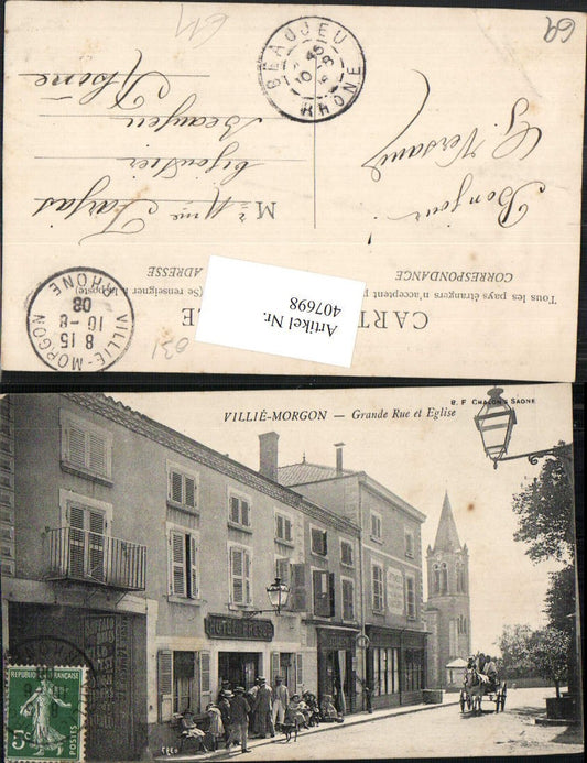 407698,Rhone-Alpes Rhone Villie-Morgon Grande Rue et Eglise Hotel Kirche