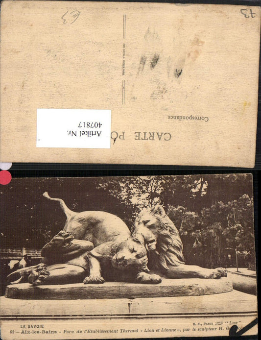 407817,Rhone-Alpes Savoie Aix-les-Bains Parc de Etablissement Thermal Lion Löwe Statue