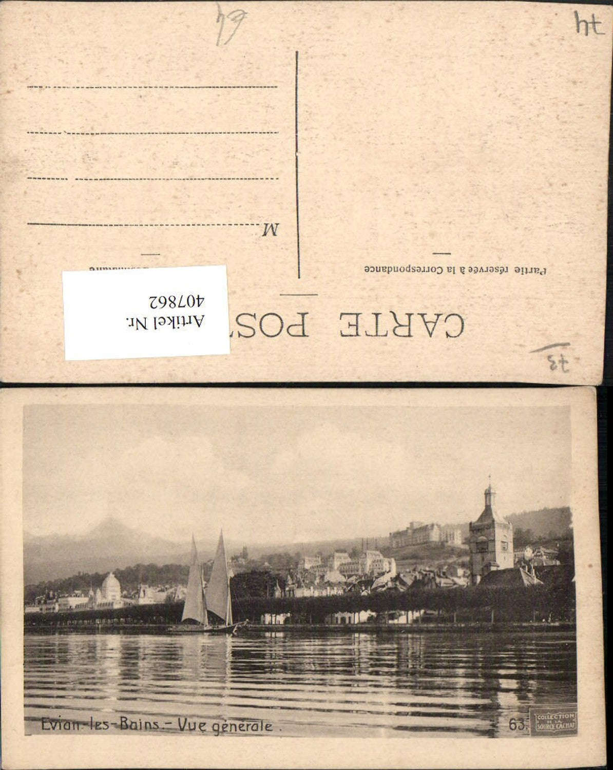 407862,Rhone-Alpes Haute-Savoie Evian-les-Bains Vue generale Teilansicht Segelboot