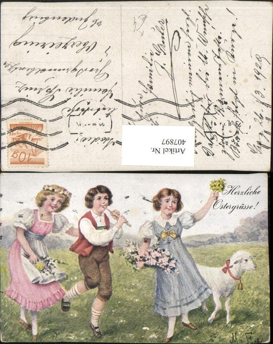 407897,Künstler AK Ostern Kinder Kleider Flöte Lamm Blumen