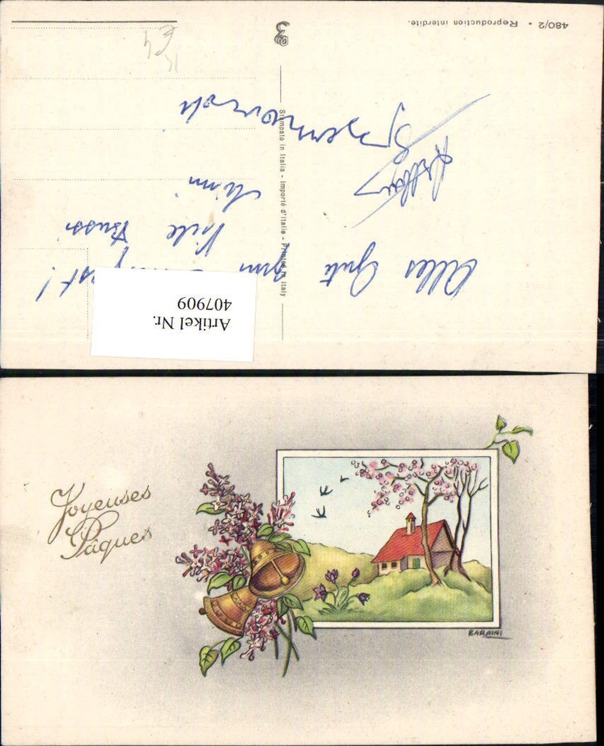 407909,Künstler AK Barnini Ostern Landschaft Haus Passepartout Glocken