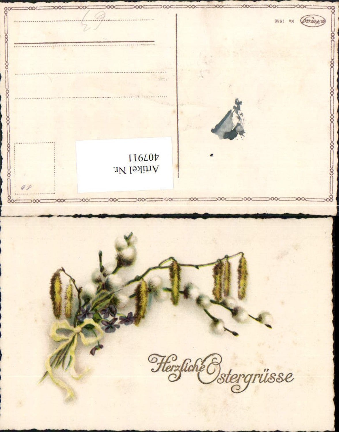407911,Künstler AK Ostern Palmkätzchen Kätzchen Schleife Blumen