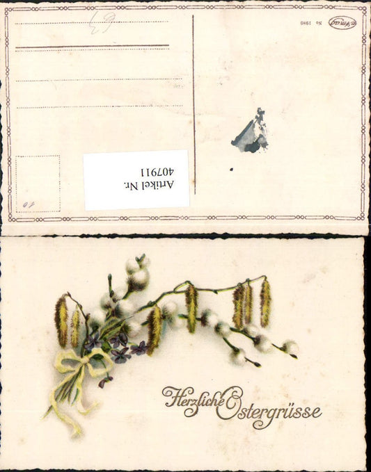 407911,Künstler AK Ostern Palmkätzchen Kätzchen Schleife Blumen