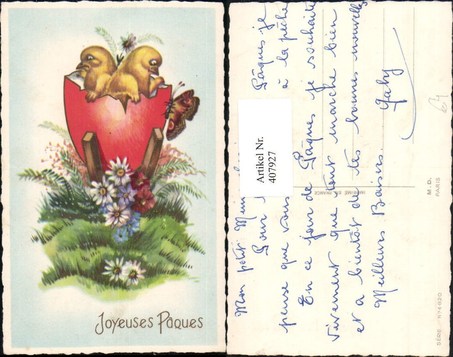 407927, embossed artist postcard Easter eggshell chick butterfly flowers