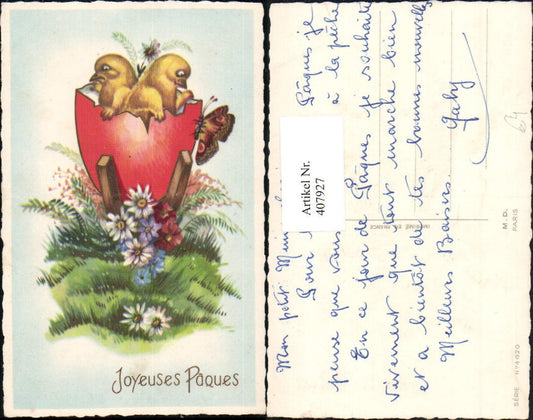 407927, embossed artist postcard Easter eggshell chick butterfly flowers