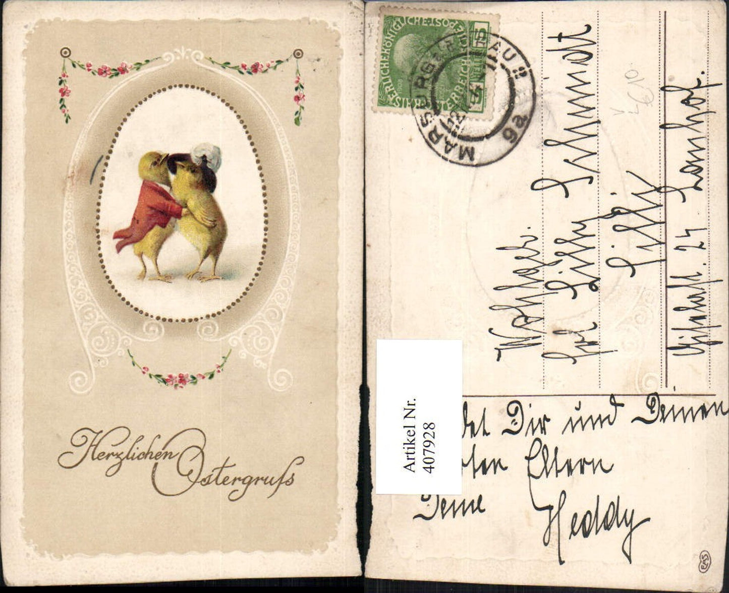 407928, Embosser Lithograph Easter Chick Anthropomorphized Hat Garland Pub EAS