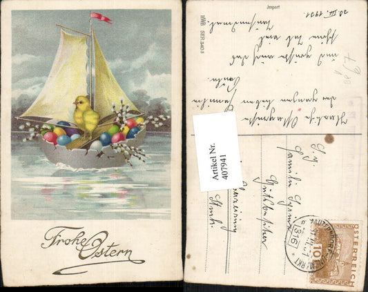 407941, Artist AK Easter Chick Eggshell Sailboat Easter Eggs Railway Post Train 316