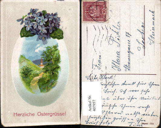 407957, embossed artist postcard Easter landscape passe-partout egg violet