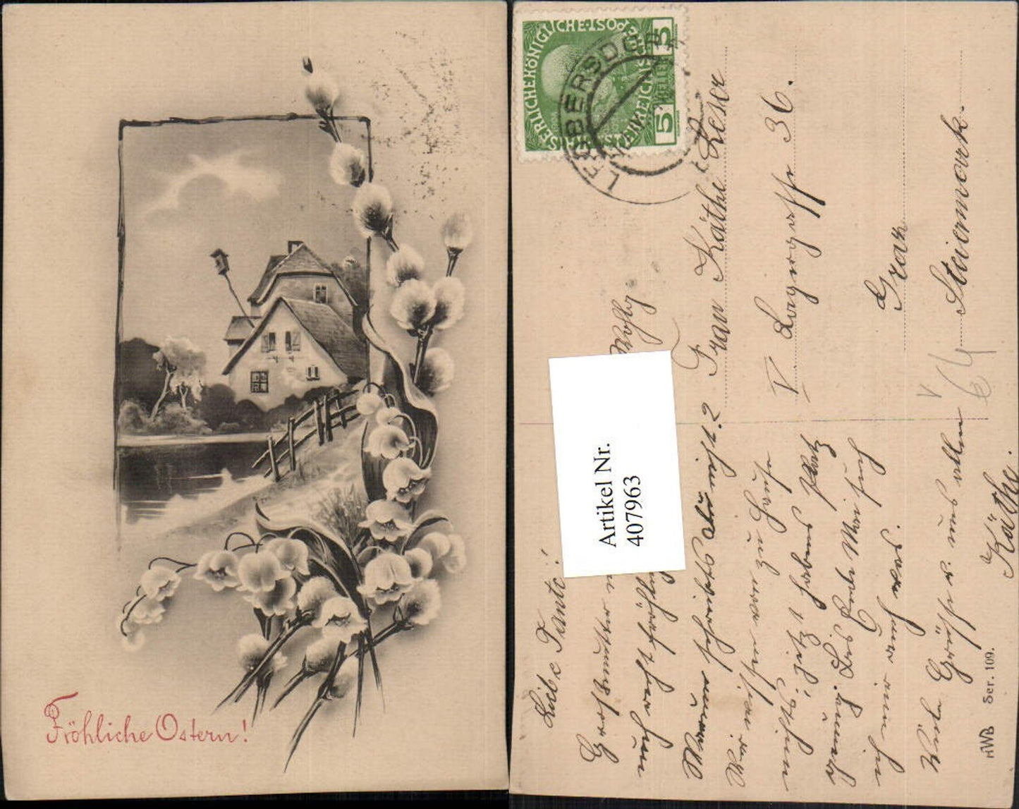 407963, Artist AK Easter House Passepartout Lily of the Valley Pussy Willow pub HWB 109