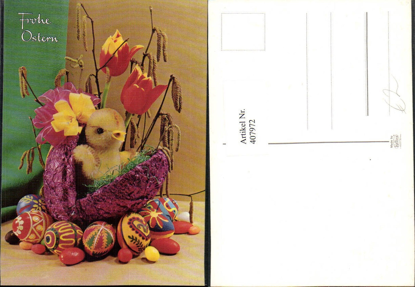 407972,Ostern Küken Ostereier Eier Tulpen Hasel Kätzchen