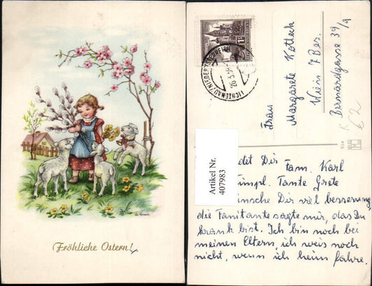 407983,Künstler AK Ostern Mädchen Lämmer Blumen Palmkätzchen