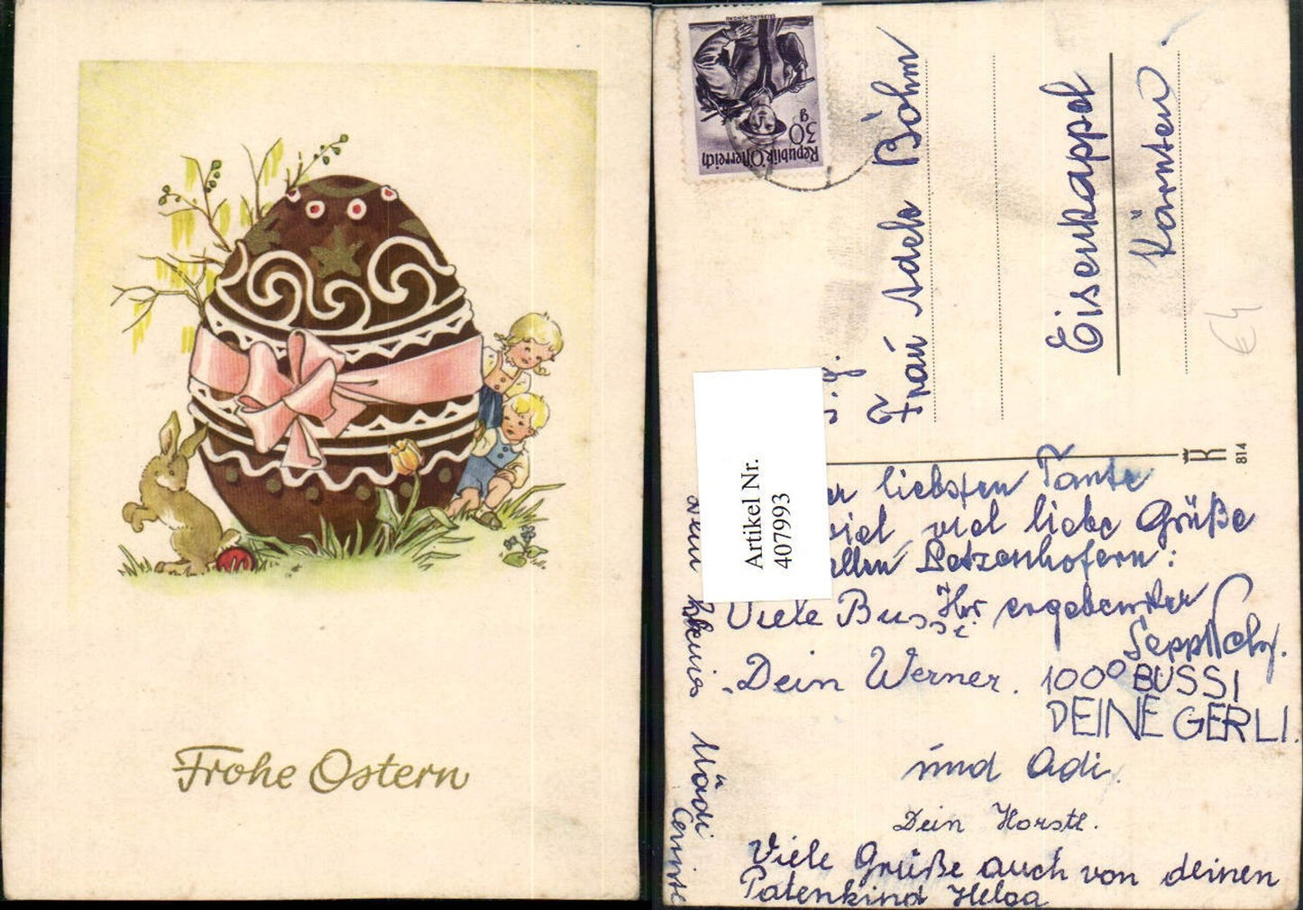 407993,Künstler AK Ostern Osterei Ei Schleife Kinder Hase