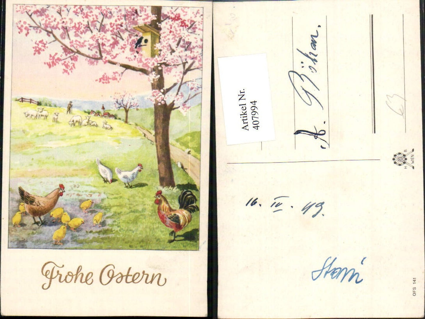 407994, Artist AK Easter Landscape Chickens Chicks Sheep Tree Blossom