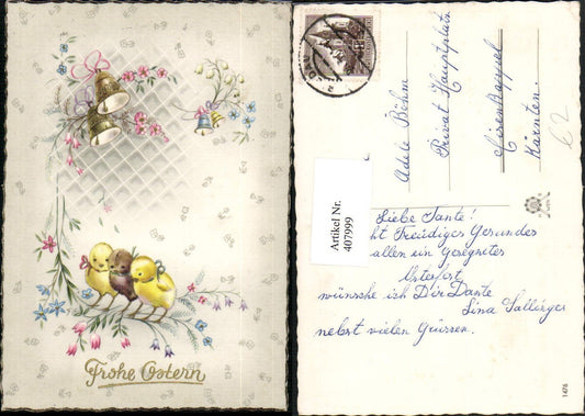 407999,Künstler AK Ostern Küken Glocken Blumen