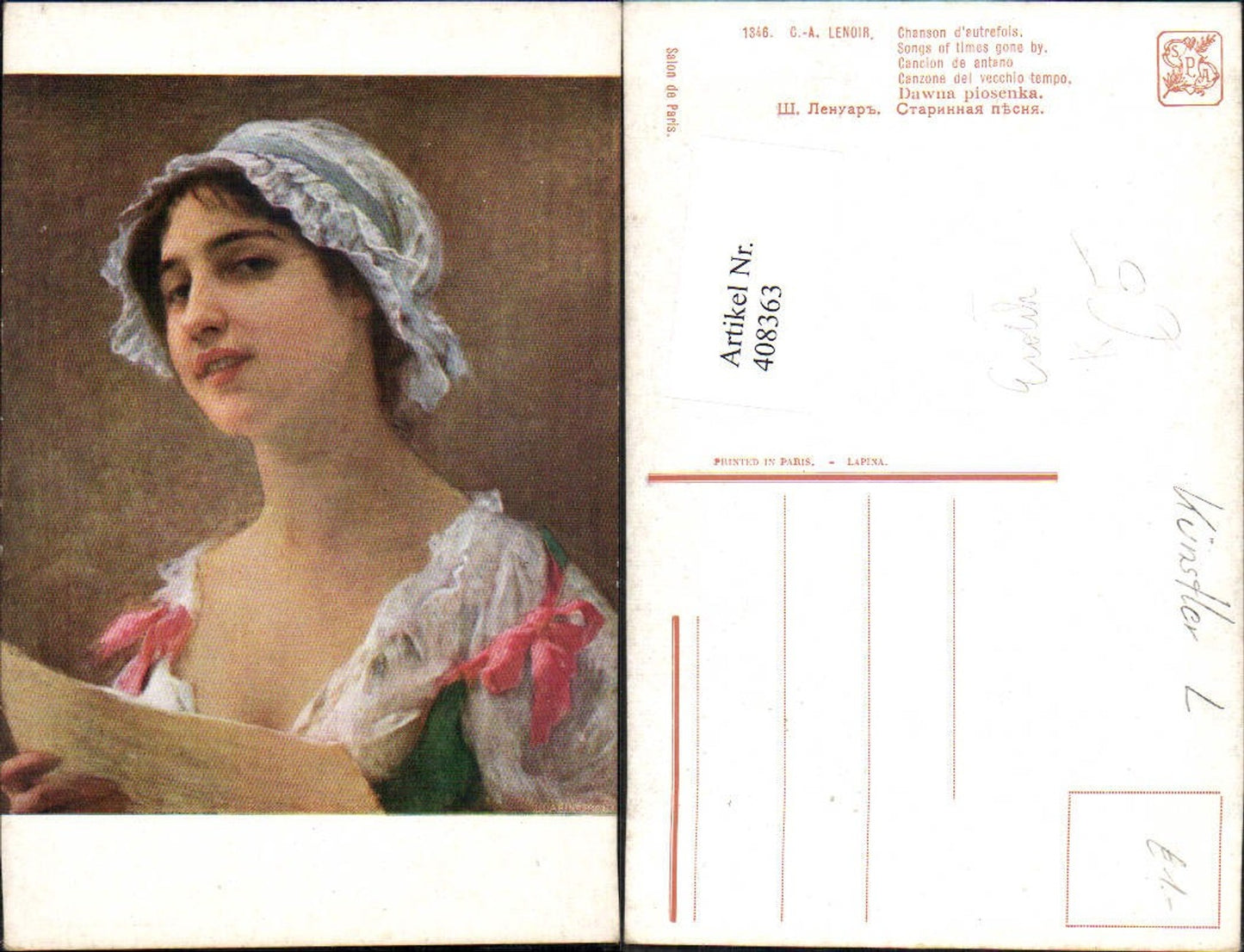 408363, Artist Ak CA Lenoir Songs of Times Gone By Woman Reads Letter Sheet Music Erotica Reading