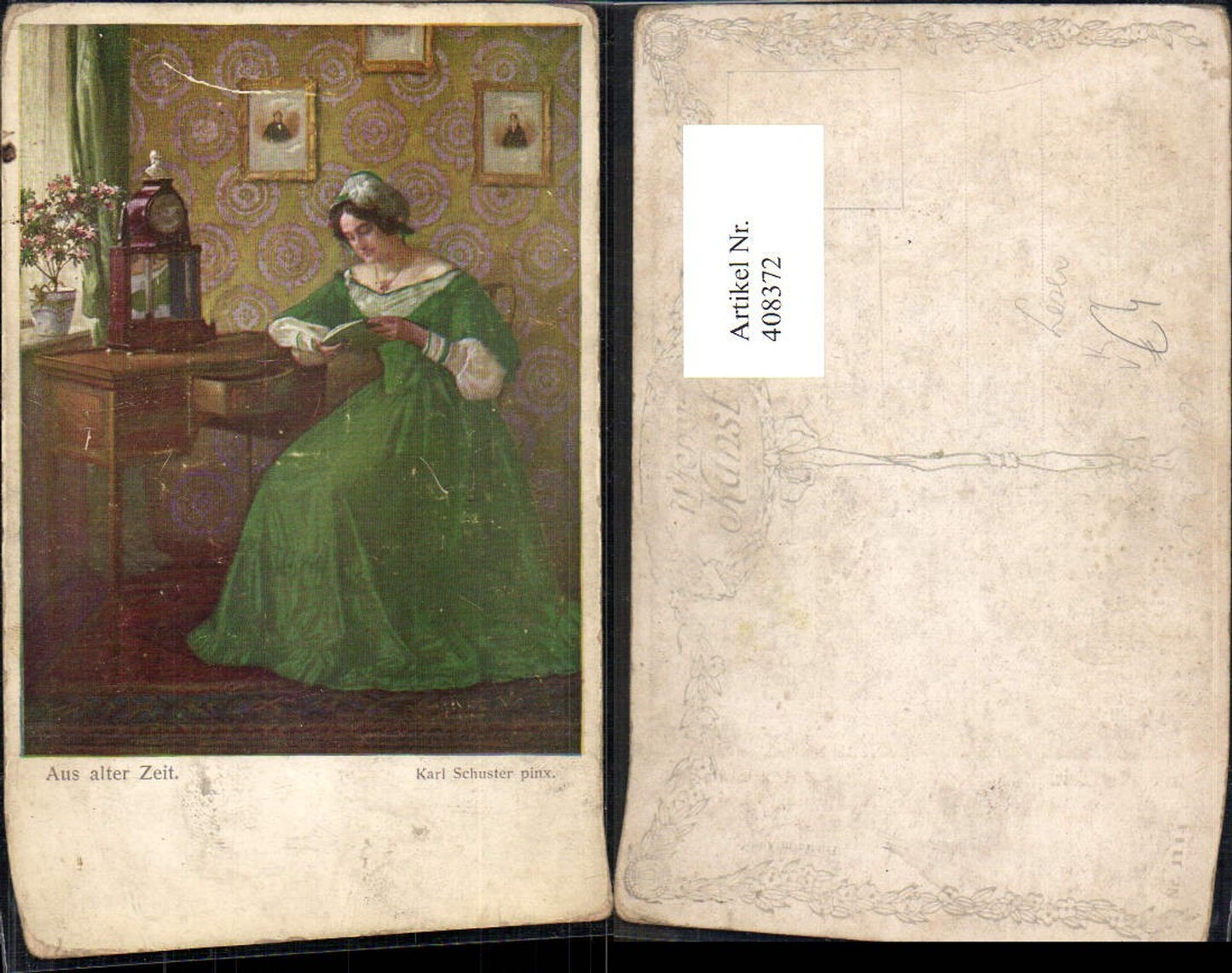 408372,Künstler Ak Karl Schuster Aus alter Zeit Frau liest Buch Lesen Uhr pub B.K.W.I. 1114