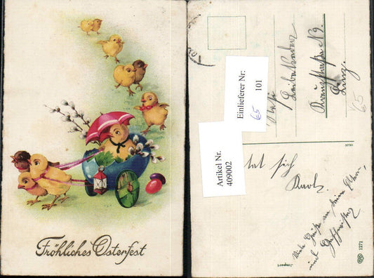 409002,Künstler AK Ostern Küken Eierwagen Schirm Laterne pub EAS 1271