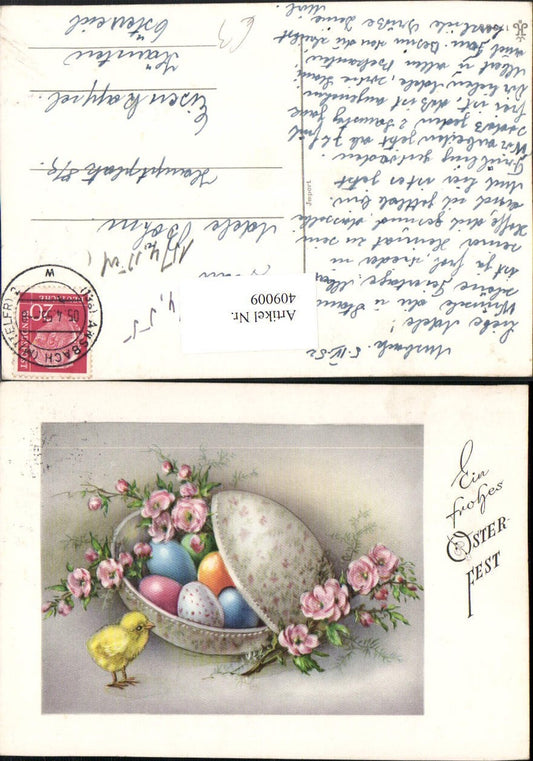 409009,Künstler AK Ostern Ei Eierschale Ostereier Küken Blütenzweige