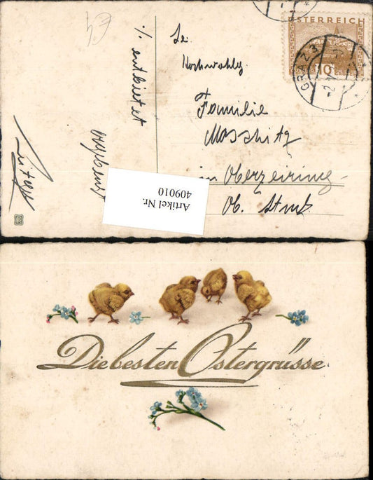 409010, embossed artist postcard Easter chicks flowers forget-me-nots