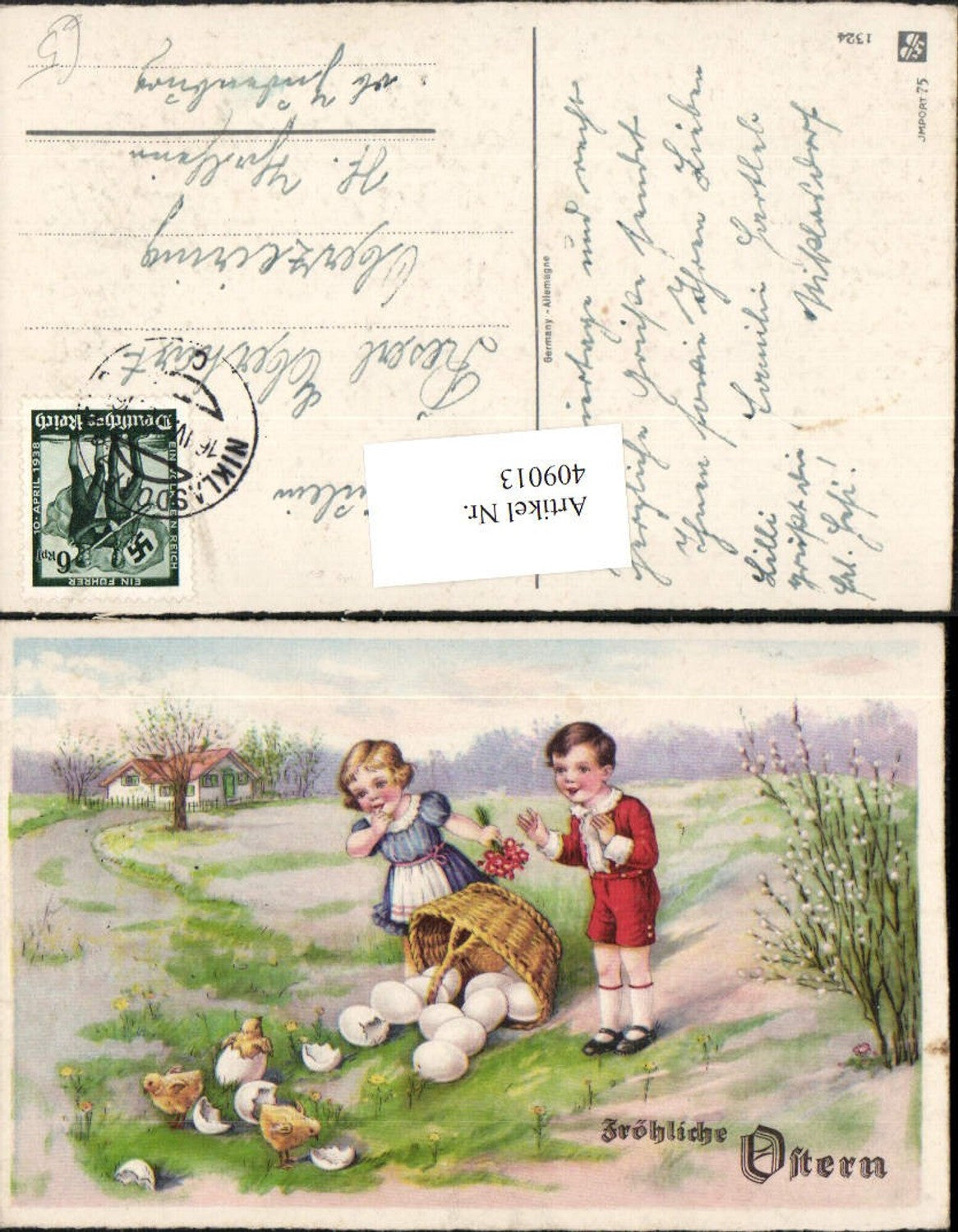 409013, Artist AK Easter Landscape Children Basket Eggs Chicks