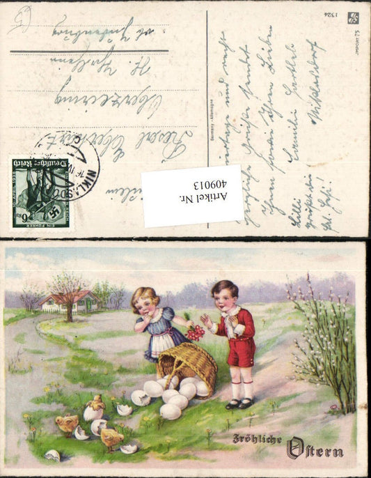 409013, Artist AK Easter Landscape Children Basket Eggs Chicks