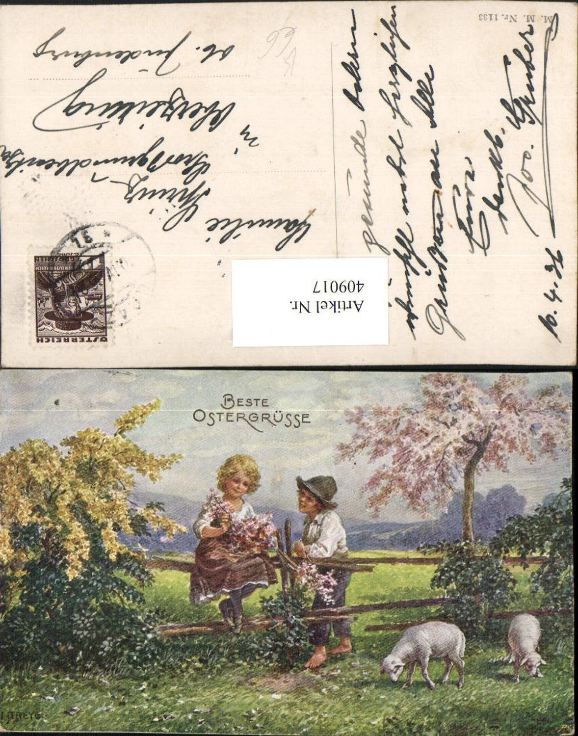 409017, Artist AK Easter Landscape Children Fence Lambs pub M. Munk 1133