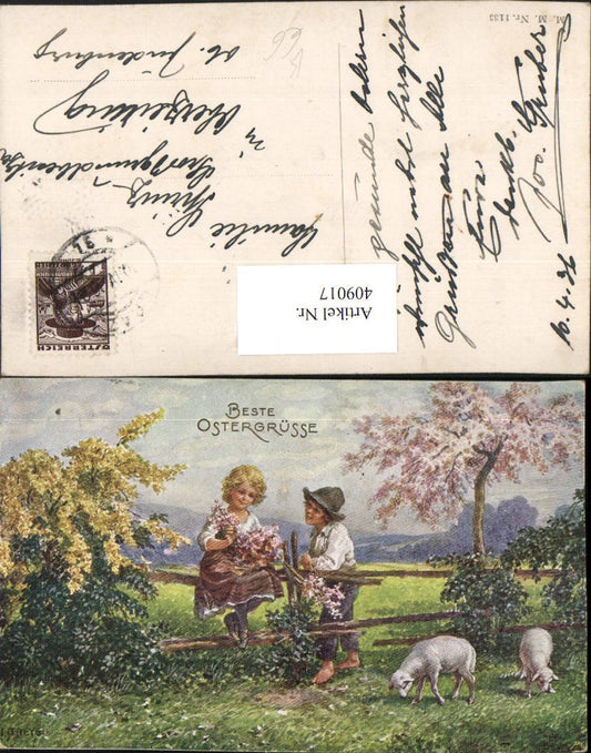 409017, Artist AK Easter Landscape Children Fence Lambs pub M. Munk 1133