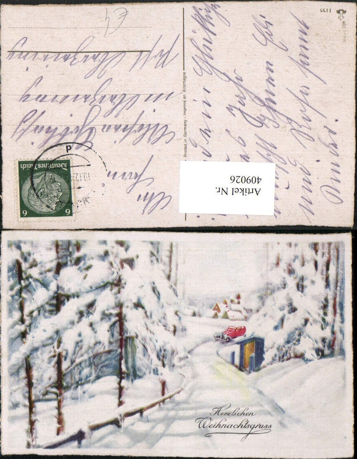 409026,Künstler AK Weihnachten Winterlandschaft Auto