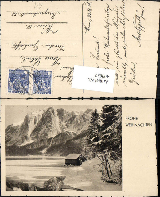 409032,Weihnachten Winterlandschaft See Hütte Bergkulisse