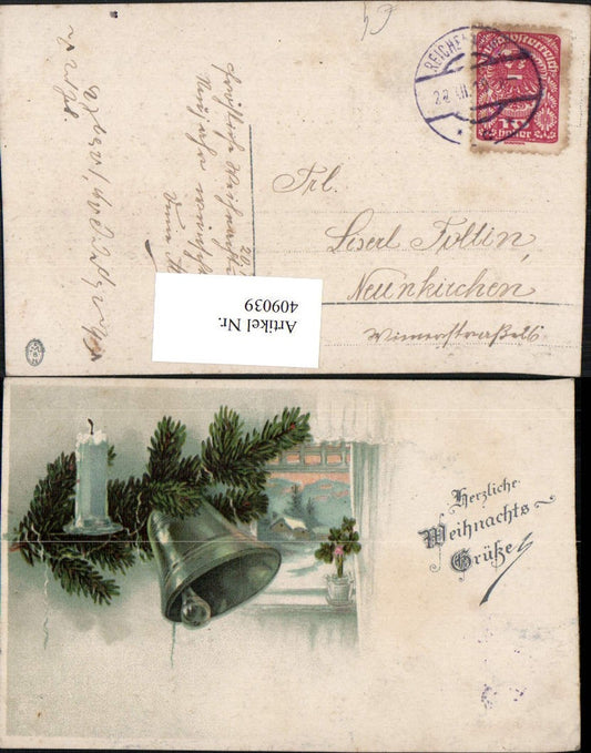 409039,Künstler AK Weihnachten Tannenzweig Glocke Kerze Fenster