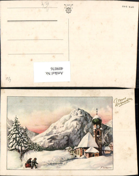 409076,Künstler AK F. Milan Weihnachten Winterlandschaft Kirche Bergkulisse