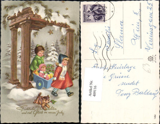 409116,Künstler AK Weihnachten Kinder Wagen Geschenke Hund
