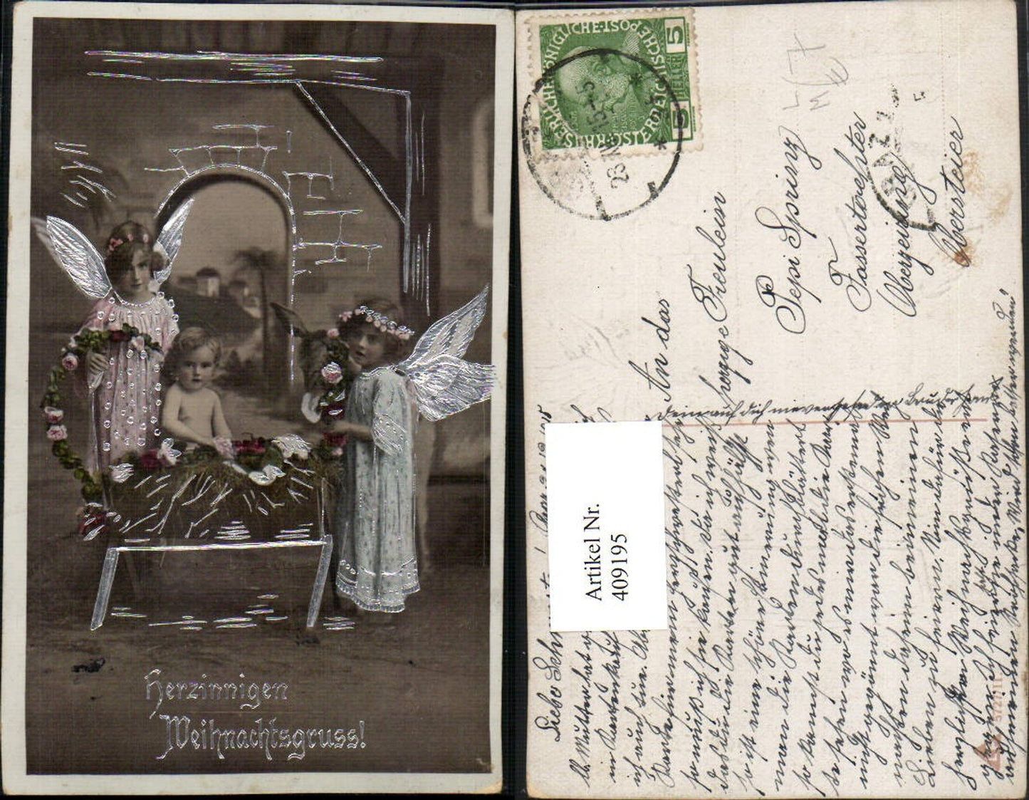 409195,Litho Silberverzierung Weihnachten Engeln Jesuskind Krippe