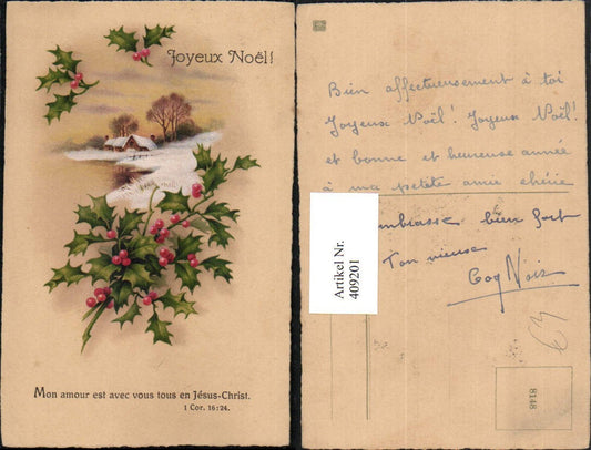 409201,Künstler AK Weihnachten Winterlandschaft Stechpalmen