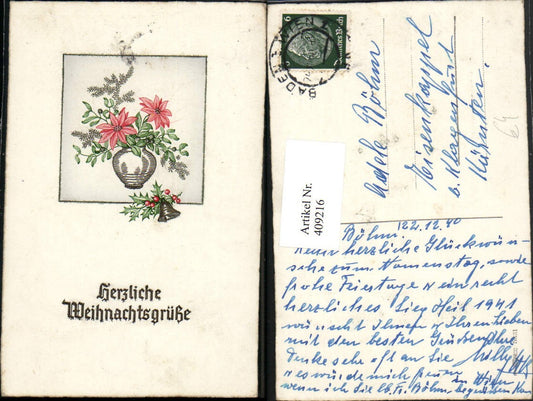 409216,Künstler AK Weihnachten Blumen Vase Glocke