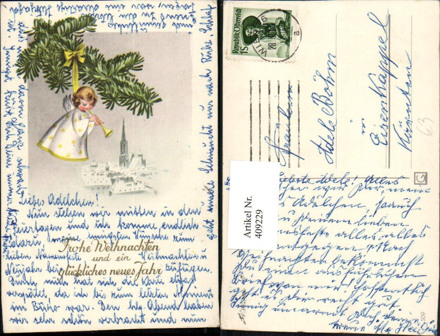 409229,Künstler AK Lia Döring Weihnachten Winterstadt Engel Tannenzweig