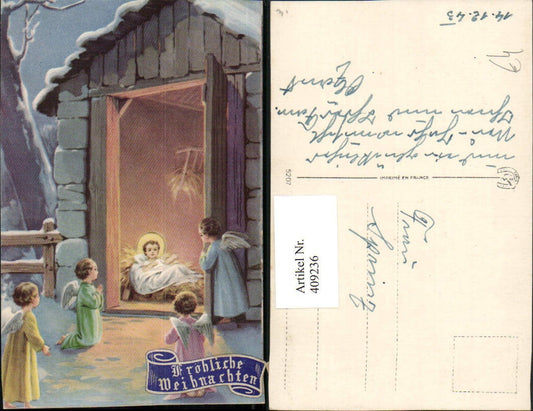 409236,Künstler AK Weihnachten Stall Krippe Jesuskind Engeln