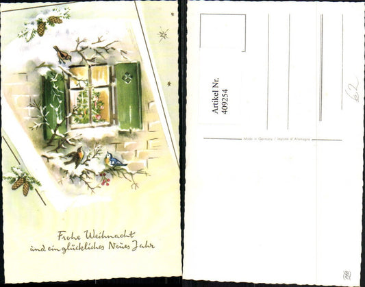 409254,Künstler AK Weihnachten Fenster Vögel Zapfen
