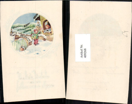 409268,Künstler AK klappbares Billett Weihnachten Winterdorf Brücke Postbote