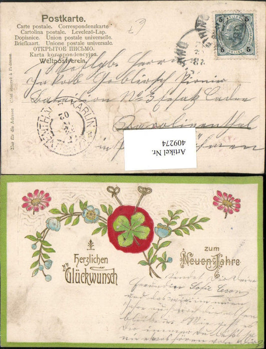 409274,Präge Künstler AK Neujahr Kleeblatt Klee Blumen