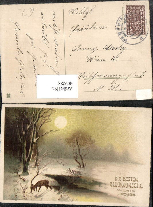 409288, Artist AK New Year Winter Landscape Deer Moonlight