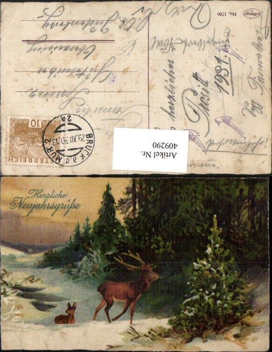 409290, Artist AK New Year Winter Landscape Deer Roe Deer Forest