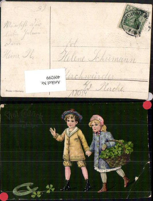 409299, Artist AK New Year Children's Basket Clover Leaves Horseshoe