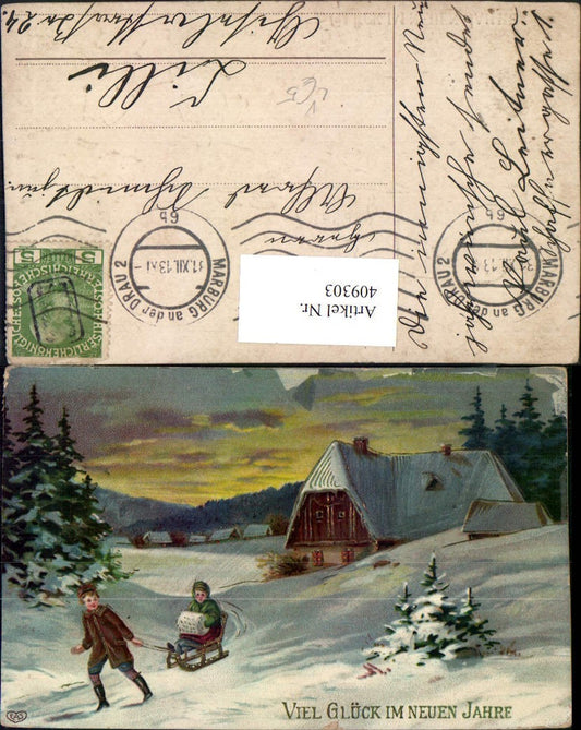 409303, Embosser Lithograph New Year Winter Landscape Toboggan Sled pub EAS