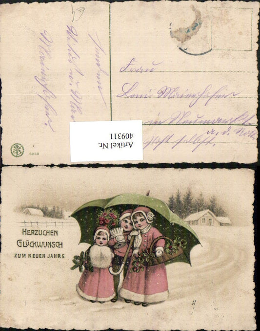 409311,Künstler AK Neujahr Winterlandschaft Kinder Schirm Korb Blumen