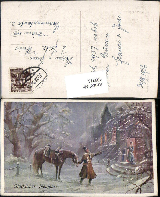409313,Künstler AK Neujahr Haus Mann Pferd Winterbild pub B.K.W.I. 2934/4