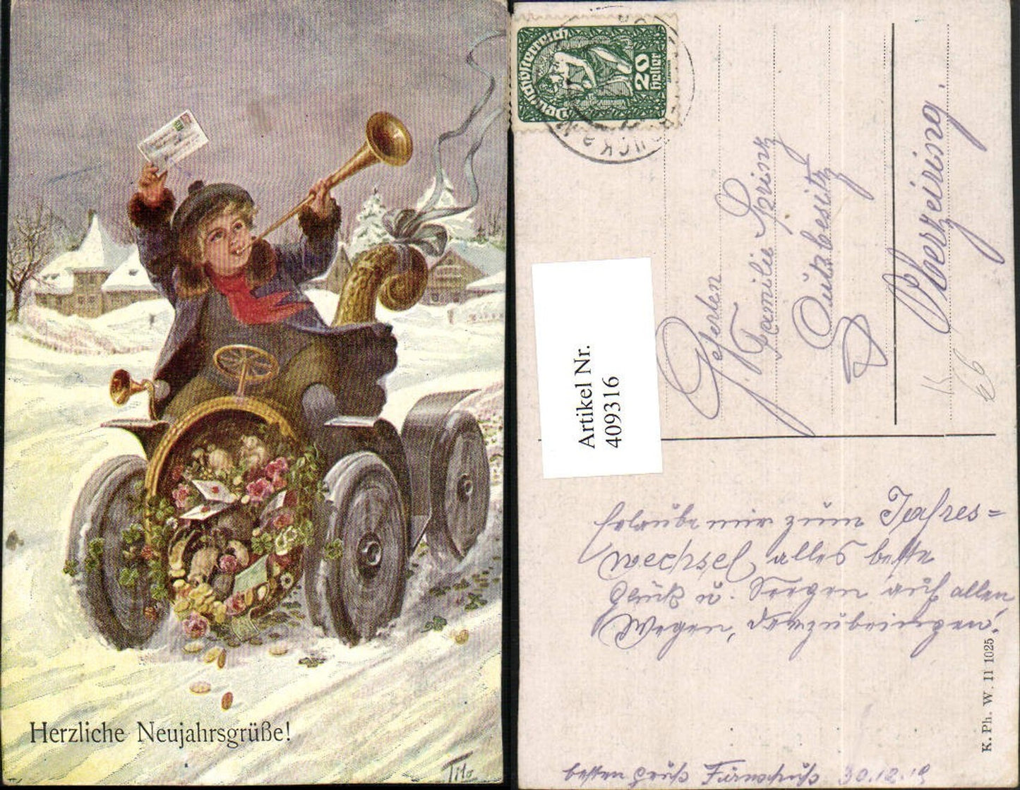 409316, Artist AK New Year Postman Mail Car Letters Horn
