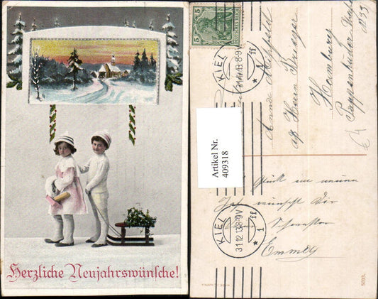 409318,Künstler AK Neujahr Winterlandschaft Passepartout Fotomontage Rodel