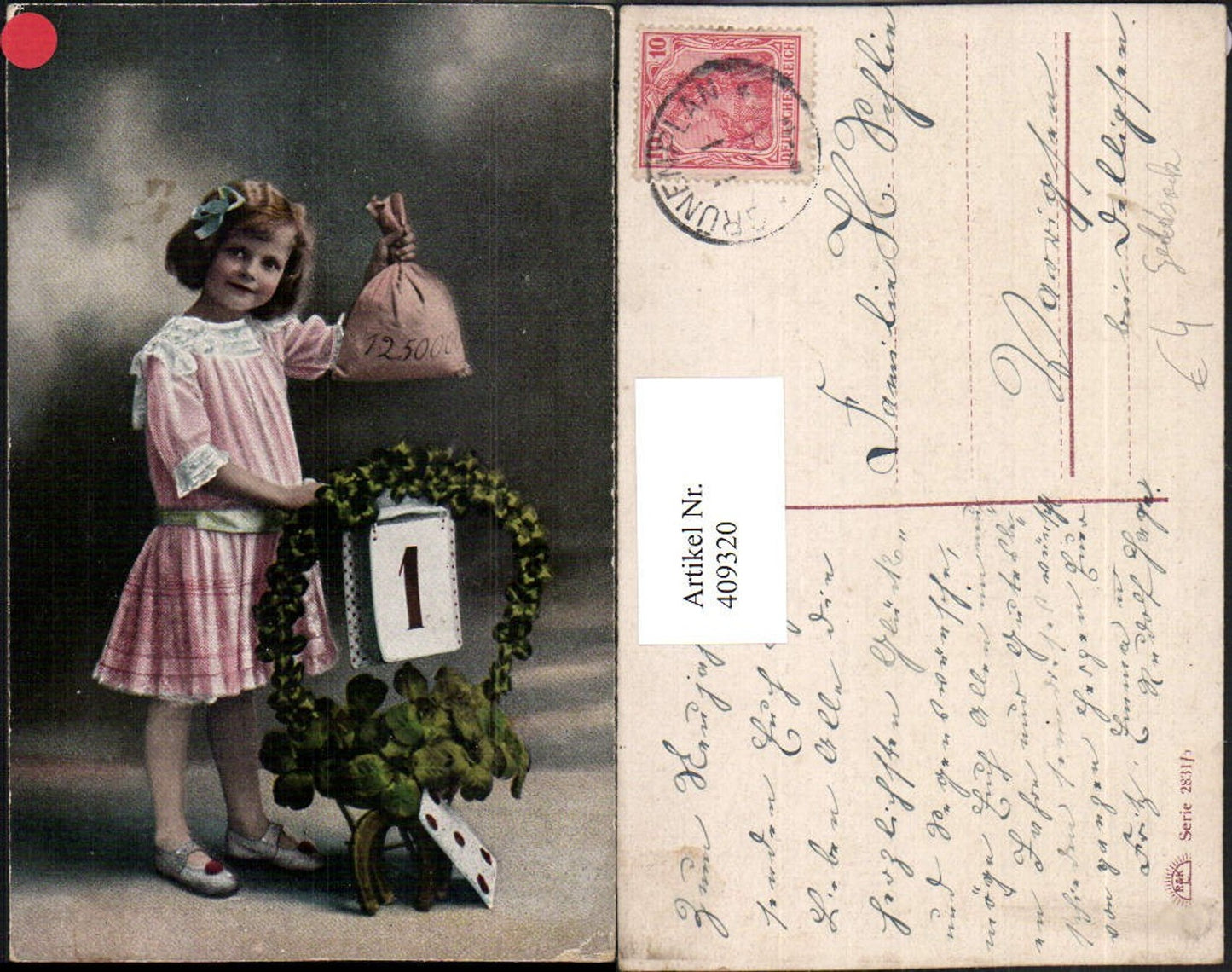 409320,Neujahr Kind Mädchen Geldsack Geld Klee Kalender Hufeisen